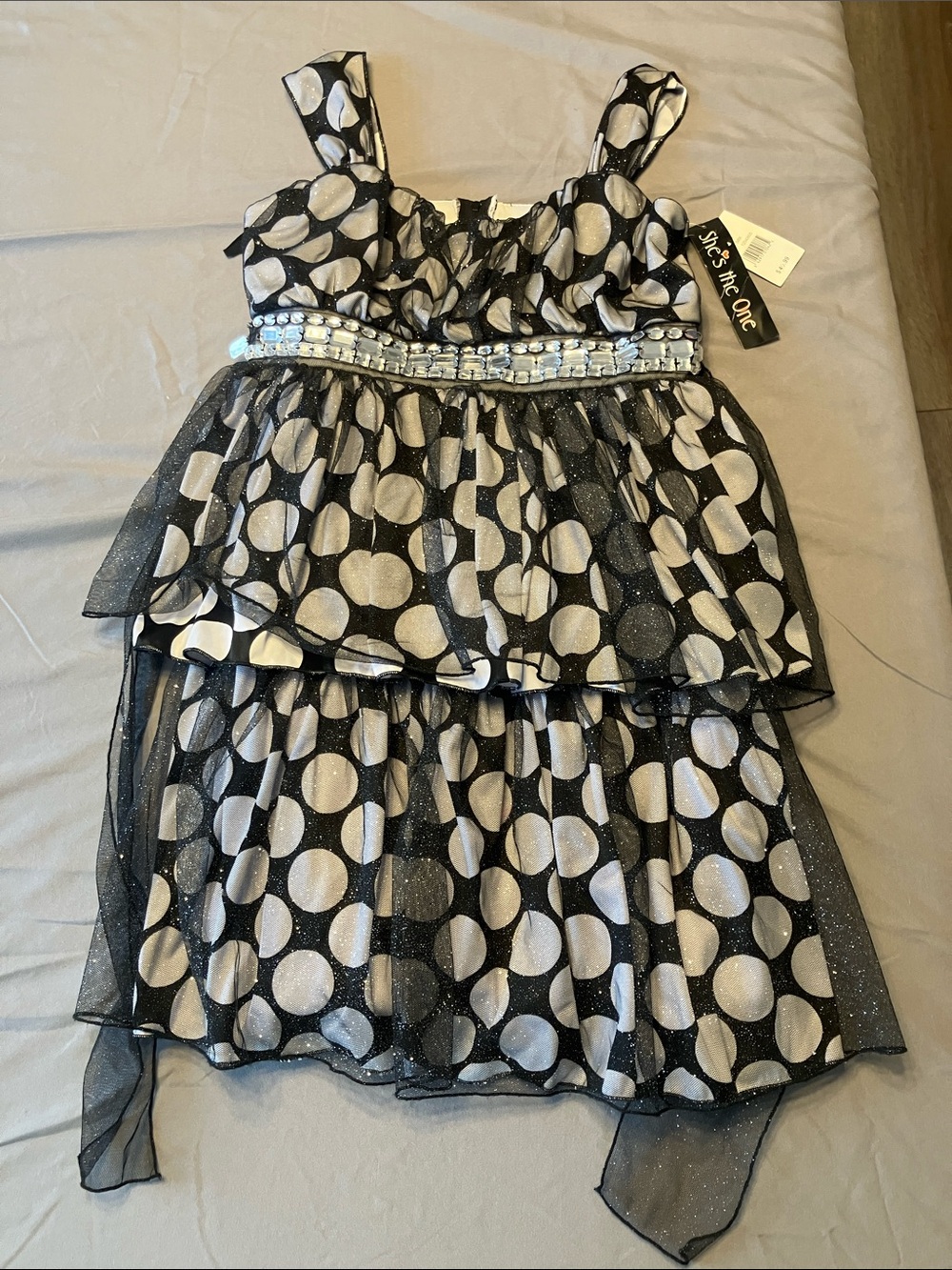 NWT - Sequin-Trim Black & Silver Polka Dot Tiered Dress for Kids - Size 14